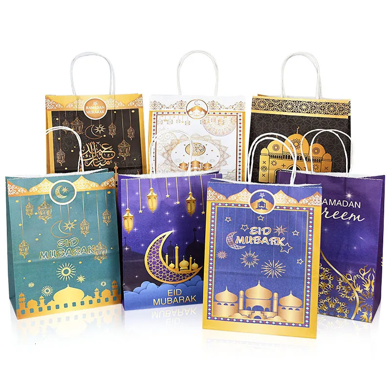 ギフトラップ6PCS Eid Mubarak Kraft Paper Bags Muslim Islamic Festival Party Cookie Candy Packaging Box Ramadan Kareem Favors Supplies 230522