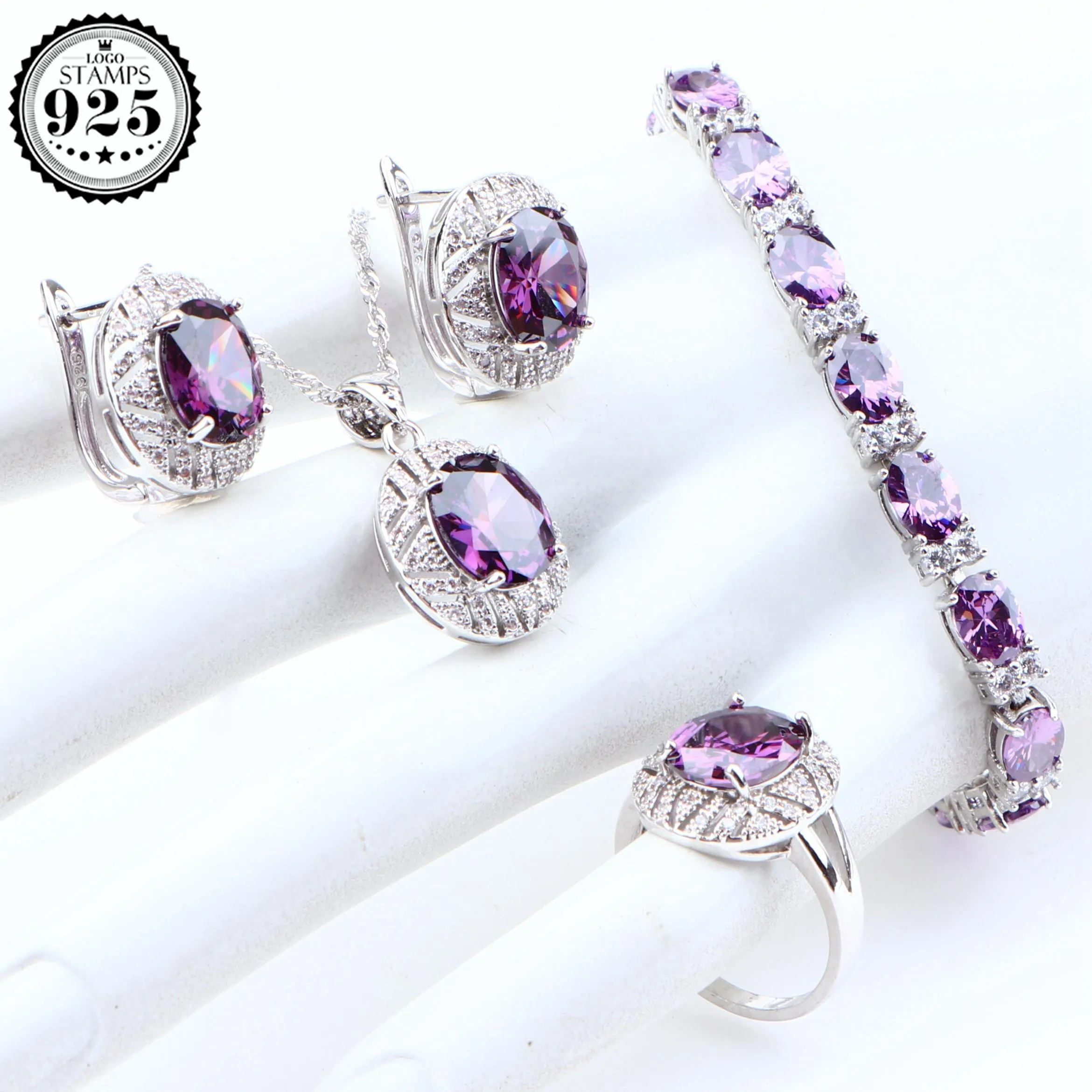 Ensembles de mariage argent 925 bijoux ensembles de boucles d'oreilles en zircone cubique violet pour femmes Bride de collier juif cosutme