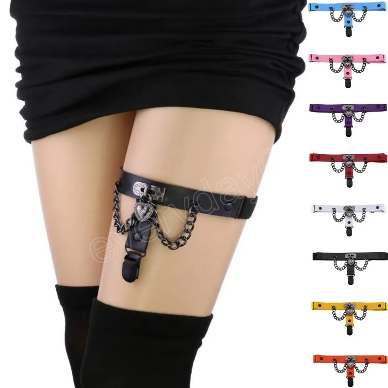 Punk PU cuir jambe cuisse anneau jarretelle bas élastique jarretière sangle noir chaîne coeur jambe chaîne harnais bijoux de corps