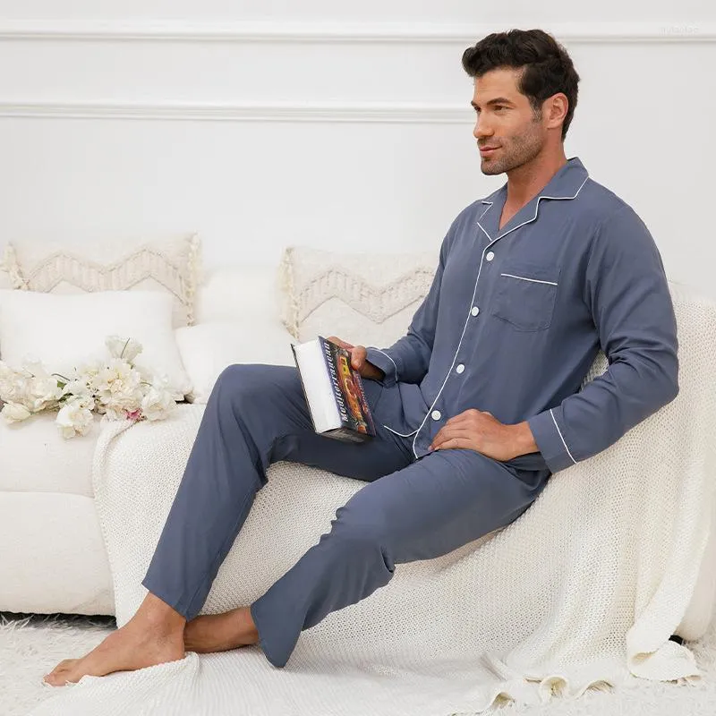 Vêtements de nuit pour hommes pyjamas pour hommes vêtements de maison été gris couleur Satin mince à manches longues vêtements de nuit costume Simple décontracté respirant