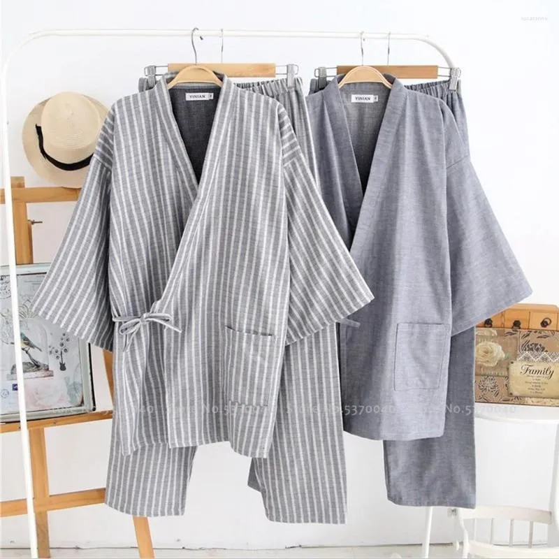 Ethnic Clothing Men Japanese Kimono Bath Robe Sleepwear Sauna Spa Yukata Haori Aodai Home Nightgown Hanfu Cotton Soft Pajamas Set Tee Tops