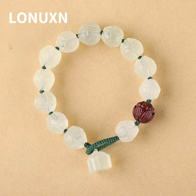 Bileklik yüksek kaliteli el yapımı örgü ipi, kadınlar için doğal taş değerli taşlar lotus jadeite jade ahşap kırmızı sandal ağacı takı hediyesi