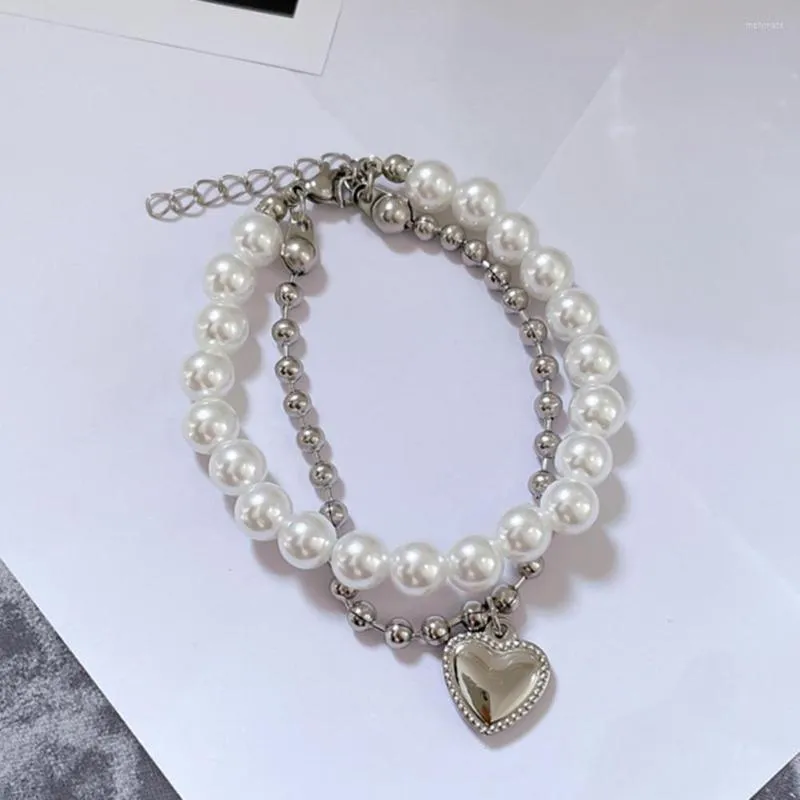 Bangle Dress Up Accessory Faux Pearl Heart Pendant Bracelet Party Jewelry For Daily Wear