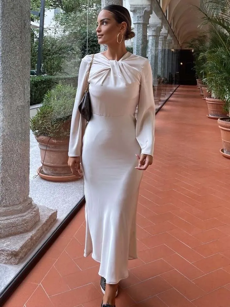 KLKXMYT TRAF Satin champagne Satin maxi dress - Backless, Long Sleeve, Perfect for Casual & Autumn Parties (230522)