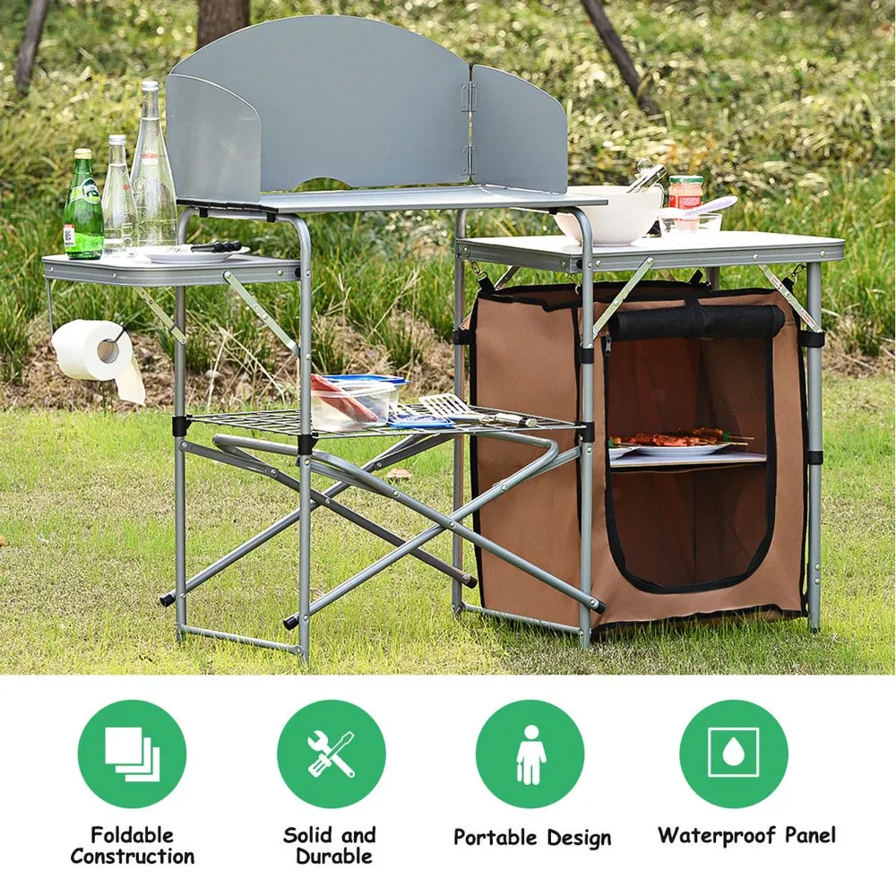 折りたたみ可能なキャンプテーブル屋外バーベキューポータブルグリルスタンドwフロントガラスバッグ
