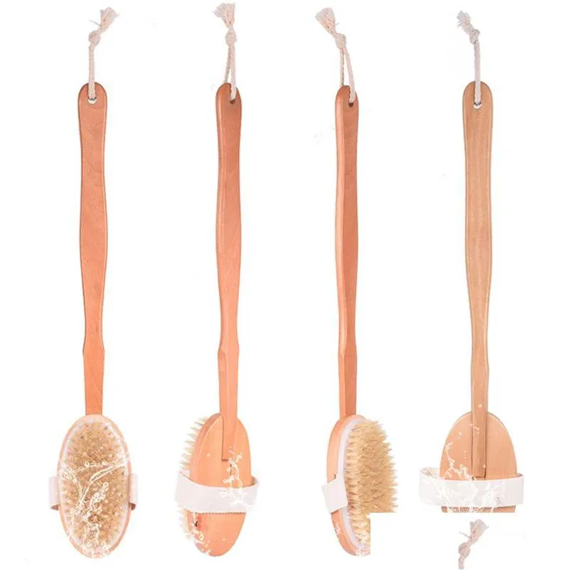 Spazzole da bagno Spugne Scrubber Spazzola per la pulizia con setole di cinghiale naturale Staccabile Manico lungo Corpo in legno Schiena esfoliante Mas Brushe Dhj35