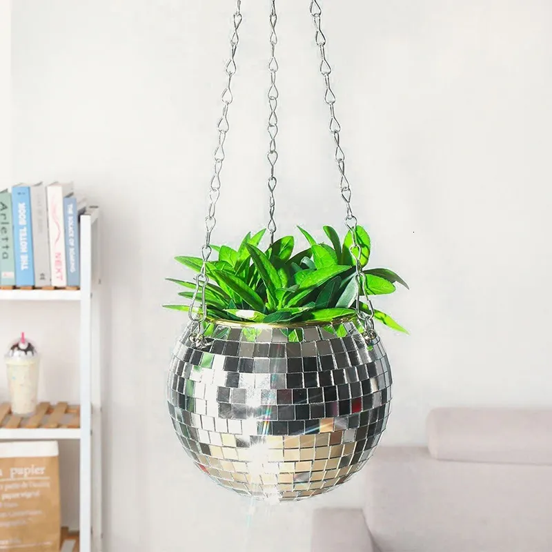 Bohemian Style Disco Ball Flower Planter Pot With Mirror Hanging Basket