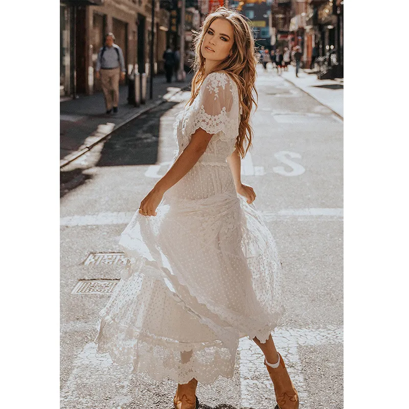 Elegant Lace V-Neck Summer Dress - Fashion, Mid-Waist, Short