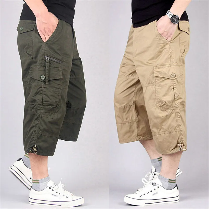 Mens Shorts Long Length Cargo Men Summer Multipocket Casual Cotton Elastic Pants Military Tactical Short Breeches XL