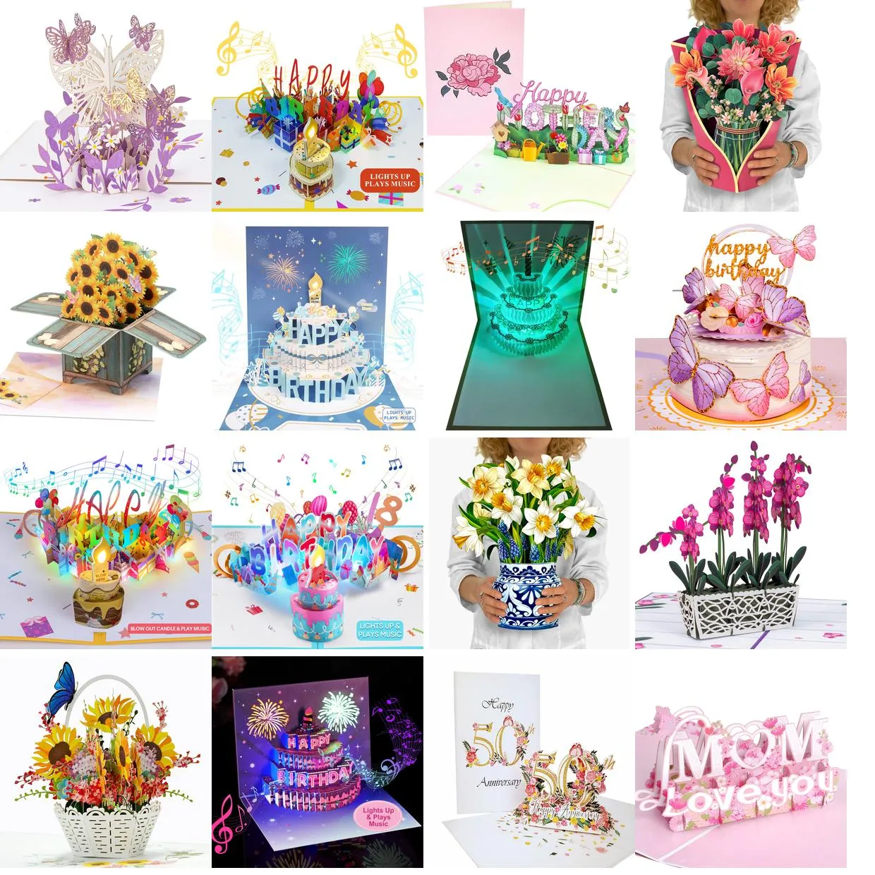 Biglietti d'auguri 3D Colori mutevoli Musica leggera Compleanno Pop Up Riscaldamento Led Colourf Torta musicale Cartoline felici Cartoline per mamma Moglie S Amd3Y