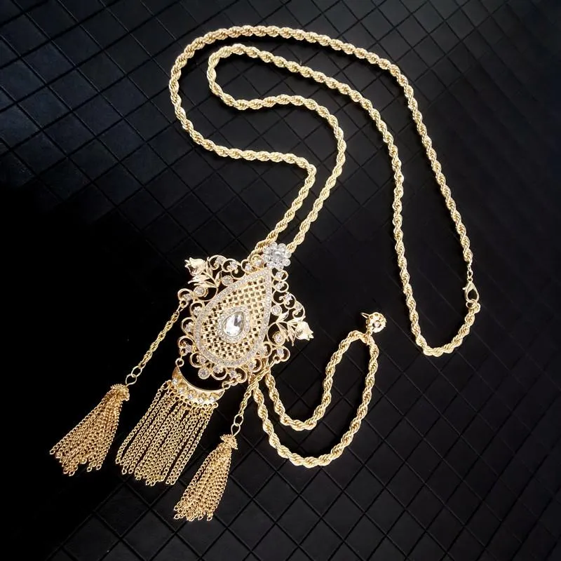 Necklaces French traditional women's wedding dress sweater chain water drop gold long necklace Algerian women's fringe crystal necklace