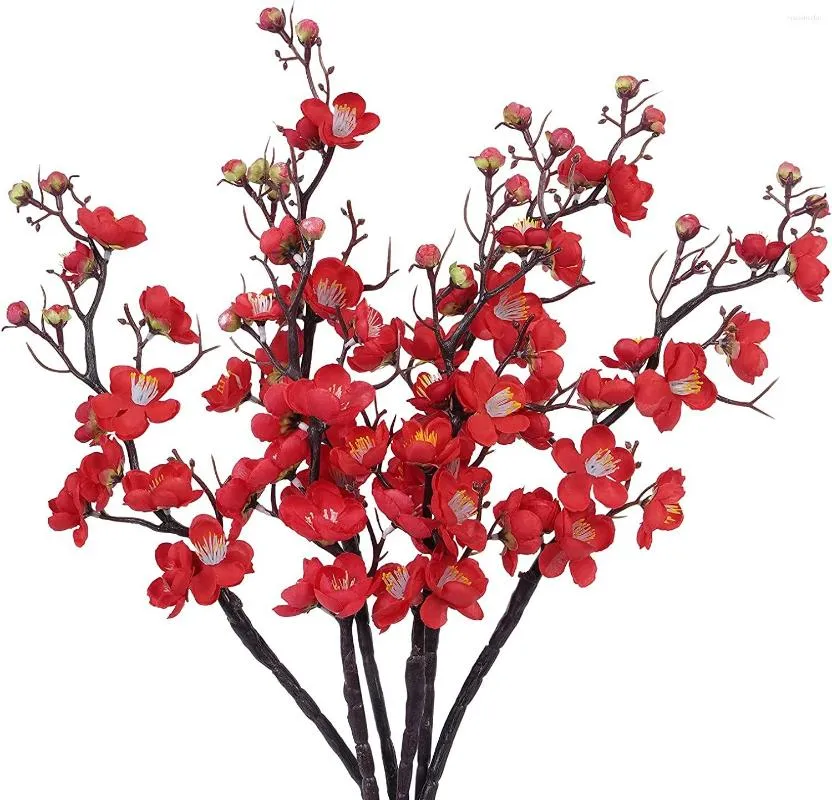Kwiaty dekoracyjne 6pcs sztuczny kwiat śliwki 23,6 '' Długie łodygi jedwabne gałęzie Czerwony Symulacja Kwiat