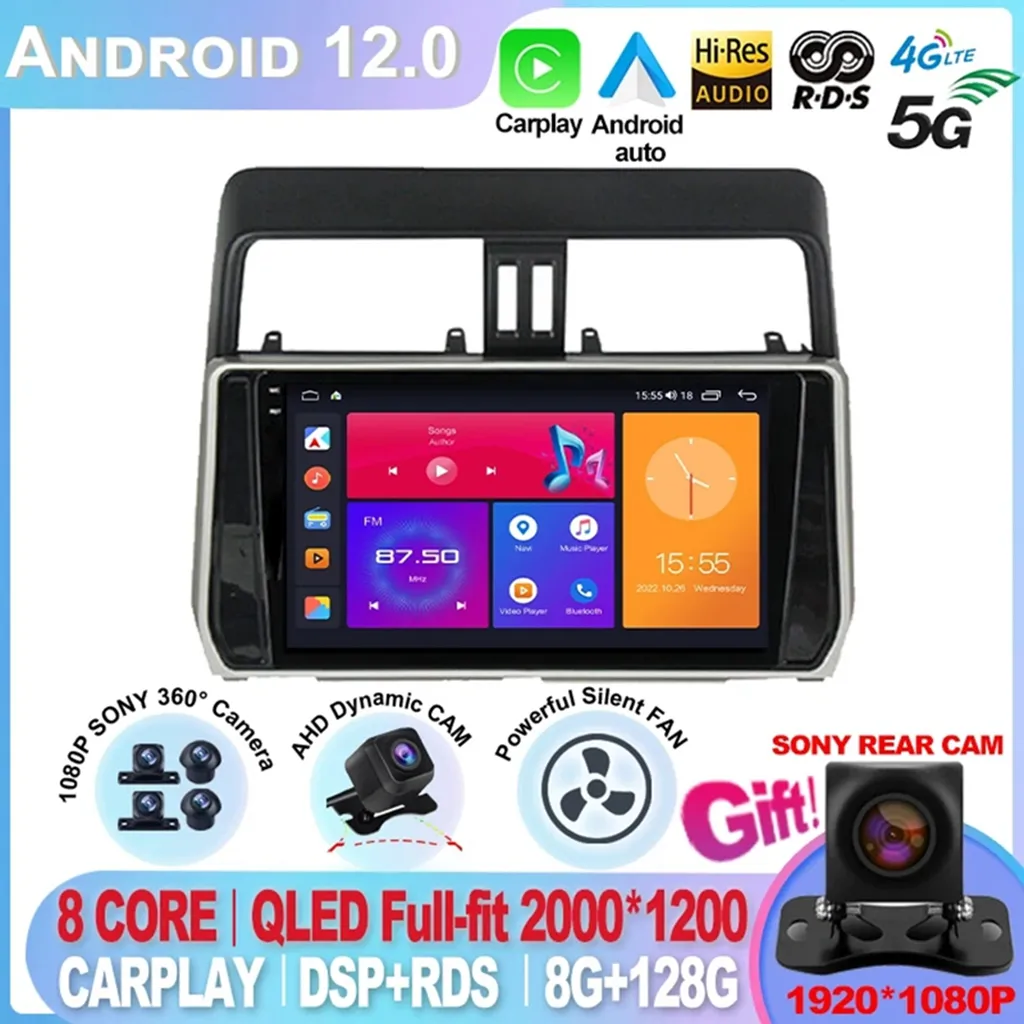 Pour Toyota Land Cruiser Prado 150 2017 - 2018 Android auto Android 12 360 caméras autoradio multimédia lecteur vidéo Navigation-4