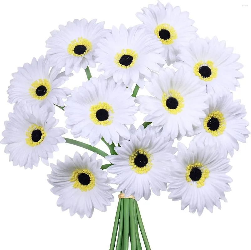 Fleurs décoratives 12 Pcs Artificielle Blanc Gerbera Daisy Faux Tiges PU Real Touch Daisies 12.2 "Tall Pour Le Printemps Eté