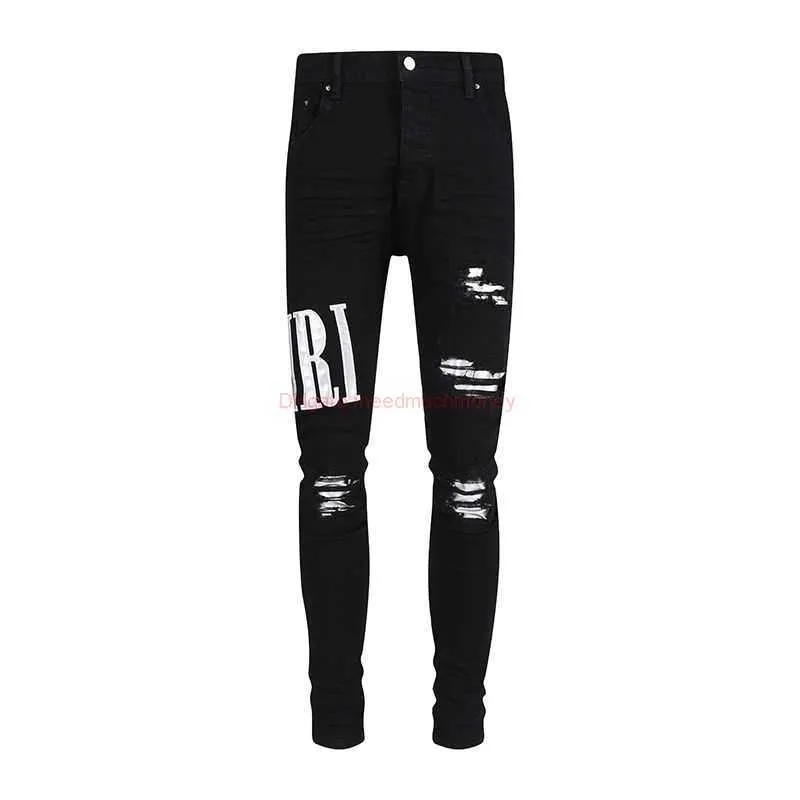 Diseñador ropa amirlieses Pantalones de mezclilla Jeans New Amies High Street Fashion Trendy Mens Cuero Negro con letras bordadas parches Patched CA9514