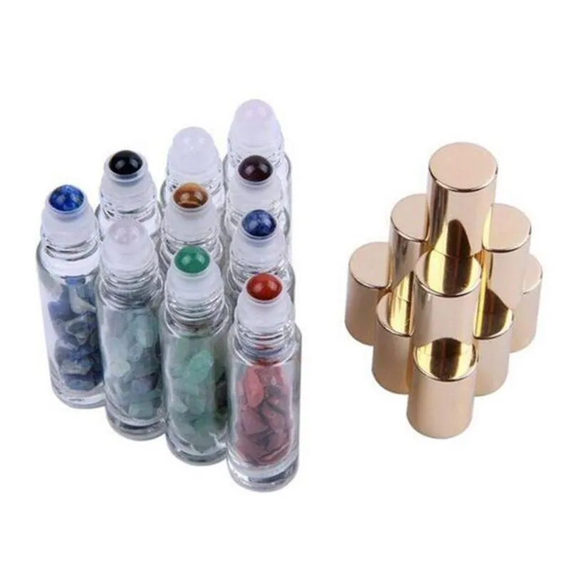 Bouteilles d'emballage Pierres semi-précieuses naturelles Huile essentielle Gemstone Roller Ball Verre clair Healing Crystal Chips 10 couleurs Dhs Drop Dhbpw