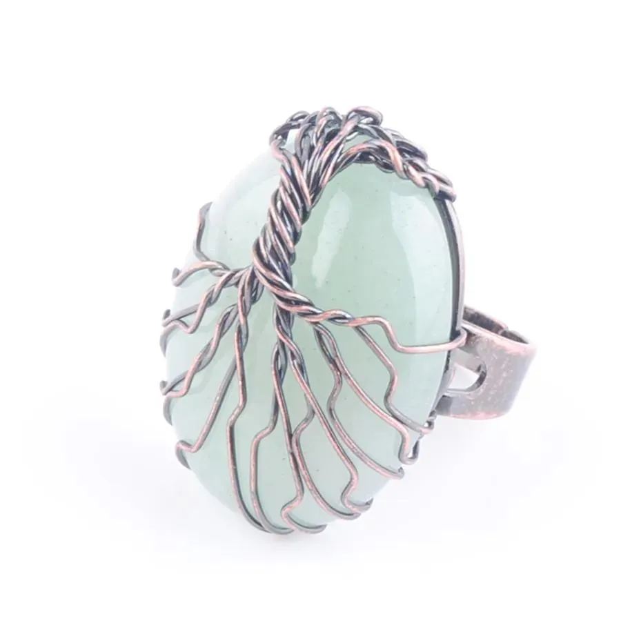 Solitaire Bague Pierre Naturelle Aventurine Perle Anneaux Antiques Pour Les Femmes Doigt Bijoux Fil Enroulé Arbre De Vie Réglable X3058 Drop D Dh7Mi