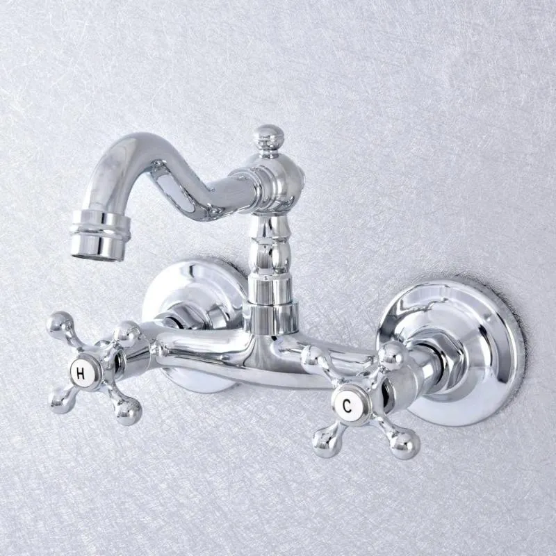 Robinets d'évier de salle de bain Chrome poli Robinet de lavabo mural Cuisine pivotante à 360 ° Robinet mitigeur d'eau froide