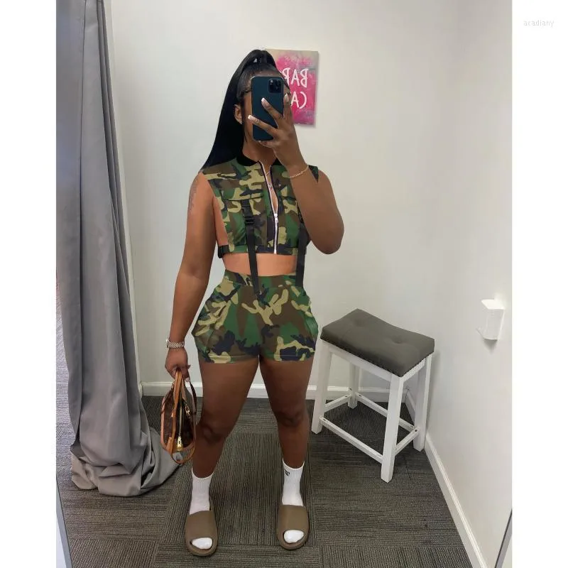 Camouflage Print Tracksuit for Women Fashionable Sleeveless Zipper Up Vest and Pant Two Piece Set