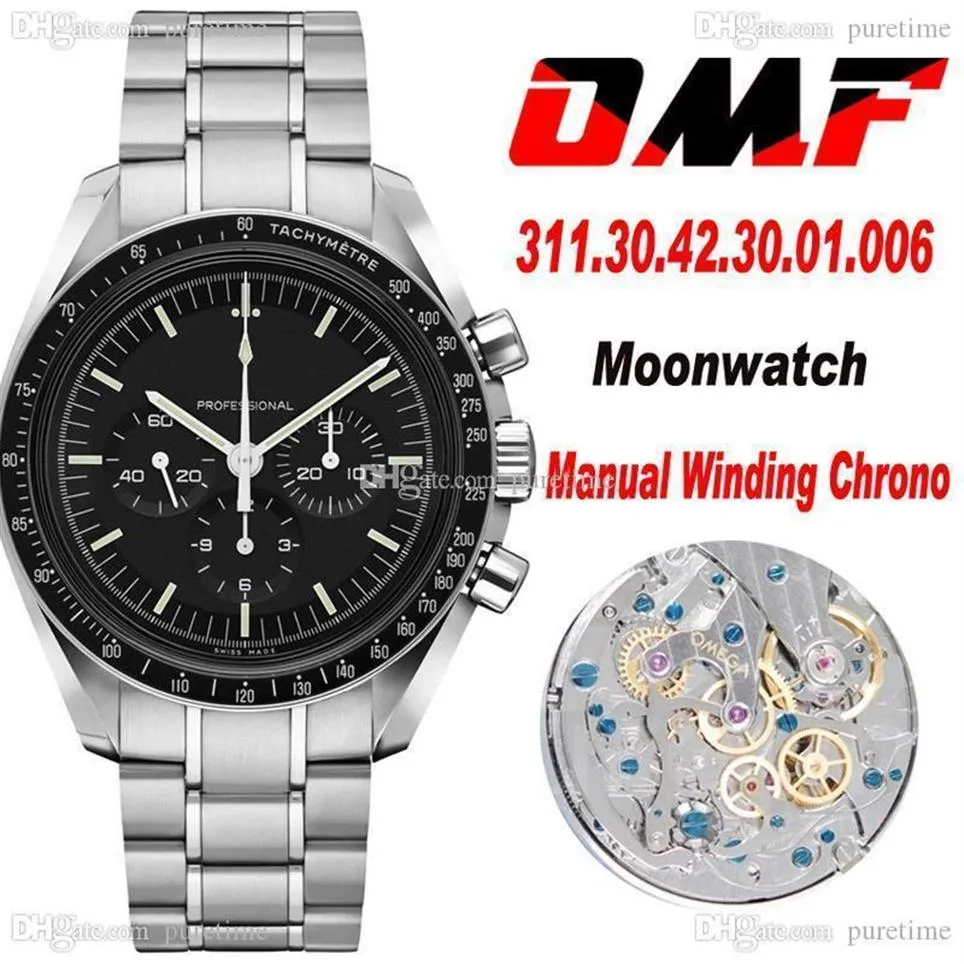 OMF 42 mm Moonwatch Handaufzug Chronograph Herrenuhr, Saphirglas, schwarzes Zifferblatt, Strichmarkierungen, Edelstahlarmband 311 30 42 30 0297L