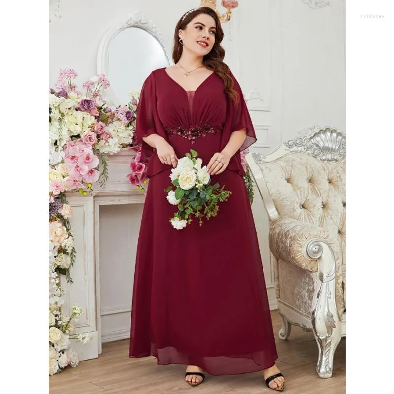 Plus -klänningar Rose Red Chiffon Short Sleeve Summer Evening Dress Party Prom Elegant Luxury 5xl6xl Kvinnor