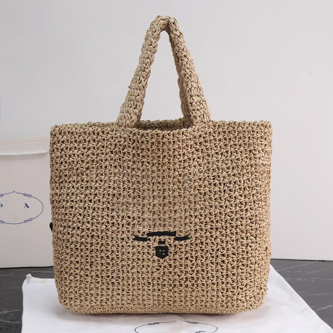 Fiber Tote Bag Summer woven straw woven bag Women's Shoulder Handbag Fashion Lafite grass rattan hollowed out travel beach tote bag Large capacity holiday purse 34cm