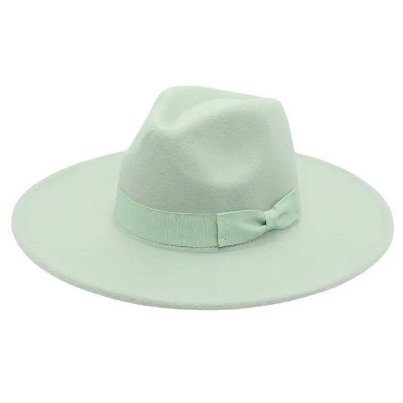 9.5cm large bord Fascinator Fedora chapeaux avec noeud papillon femmes élégantes fête église Jazz chapeau haut de forme hommes feutre Panama casquette de soleil