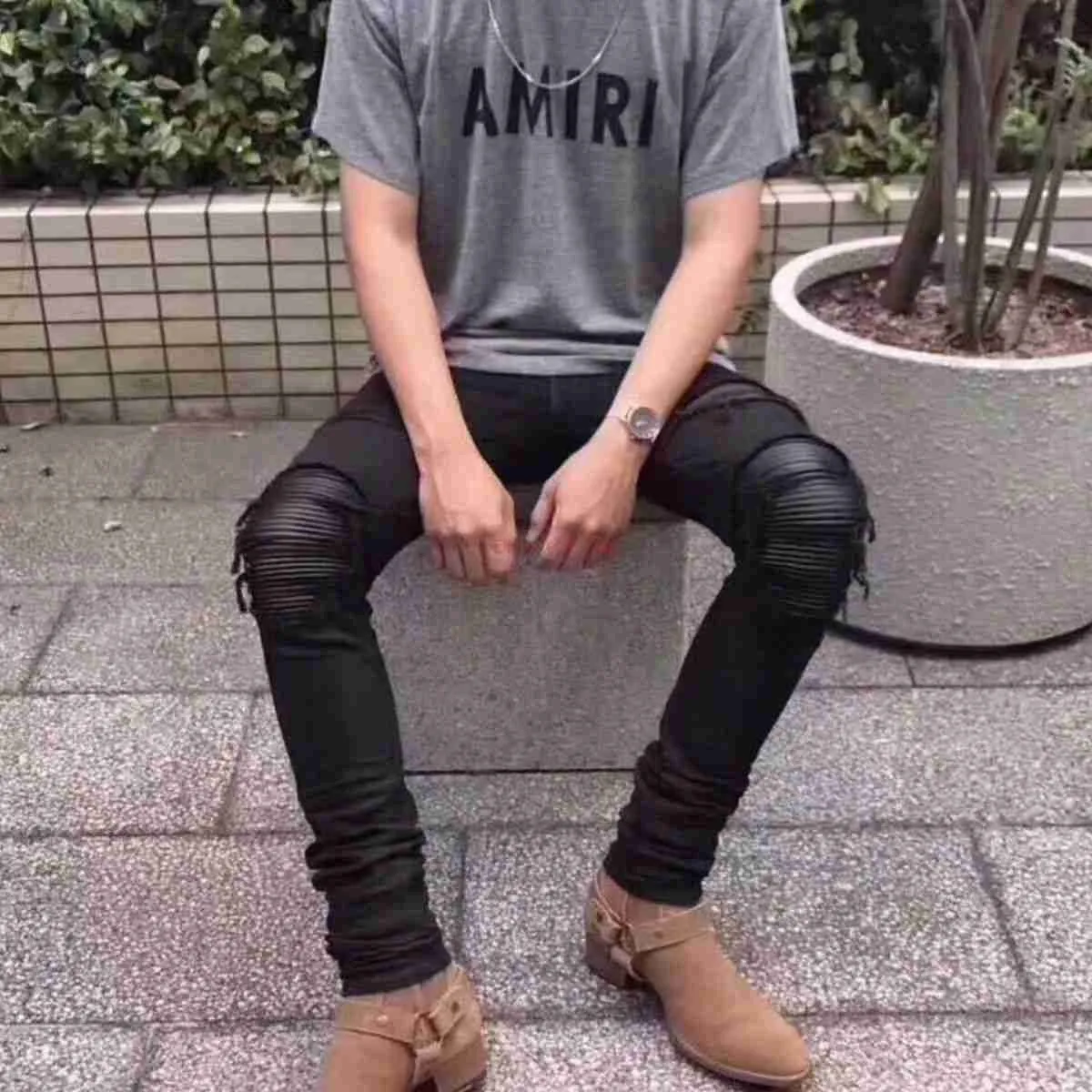 Distressed Denim Jeans, Patched Leather Hole, Black High Street