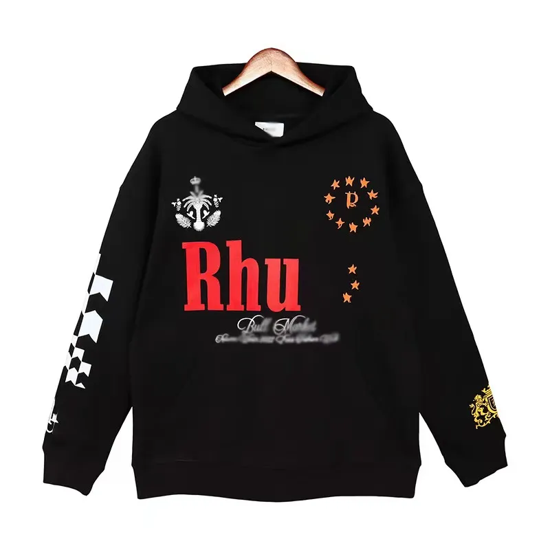 Rhude Hoodies Erkek Tasarımcı Kapüşonlu Kazak Koyu Yüksek Sokak Parmak Lightning Graffiti Handdrawn Kadınlar Katlar Bahar Sonbahar Sıcak Moda Gevşek Siyah Hoodie