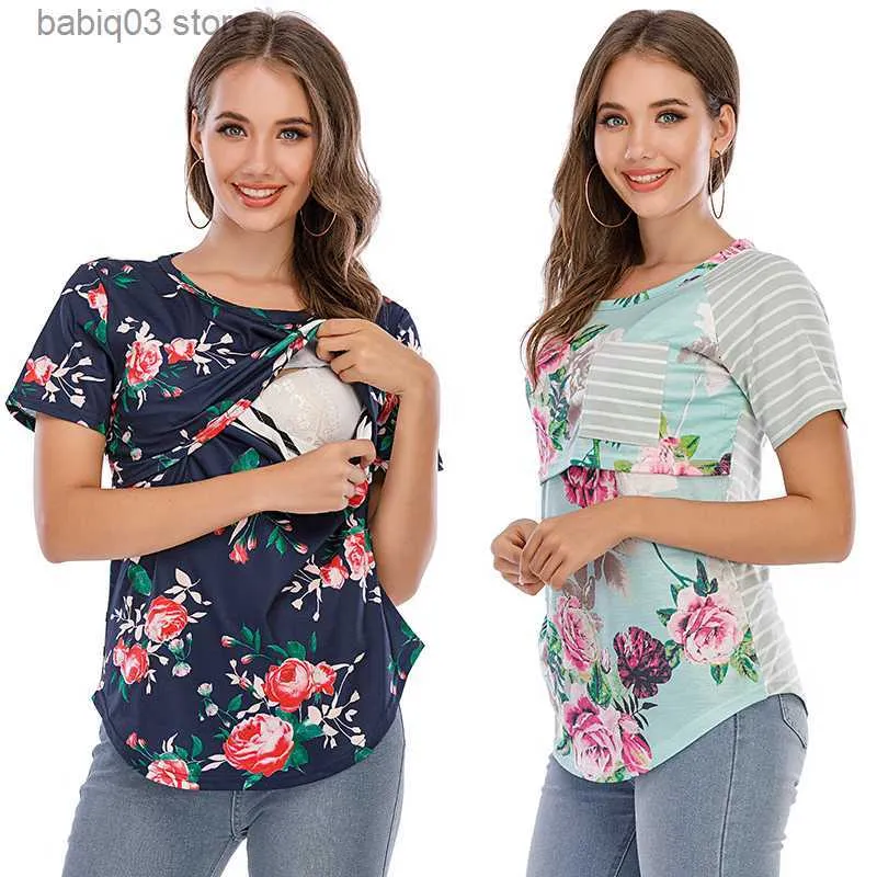 Maternity Tops Tees 2022 Casual Womens Pregnant Maternity Clothes Nursing Tops Breastfeeding T-Shirt Pregnancy Maternity Striped Short Sleeve Shirt T230523