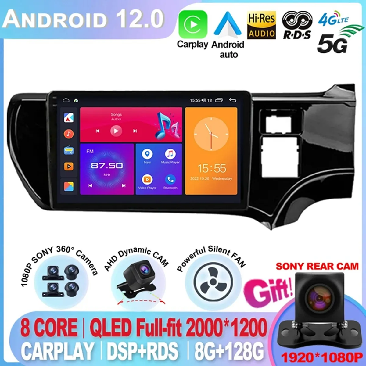 Toyota Aqua için 2011-2017 Araba Radyo Stereo Multimedya Oyuncu GPS Navigasyonu 9inch Android 12 8+128G 8 çekirdekli Carplay+Auto DSP RDS-5