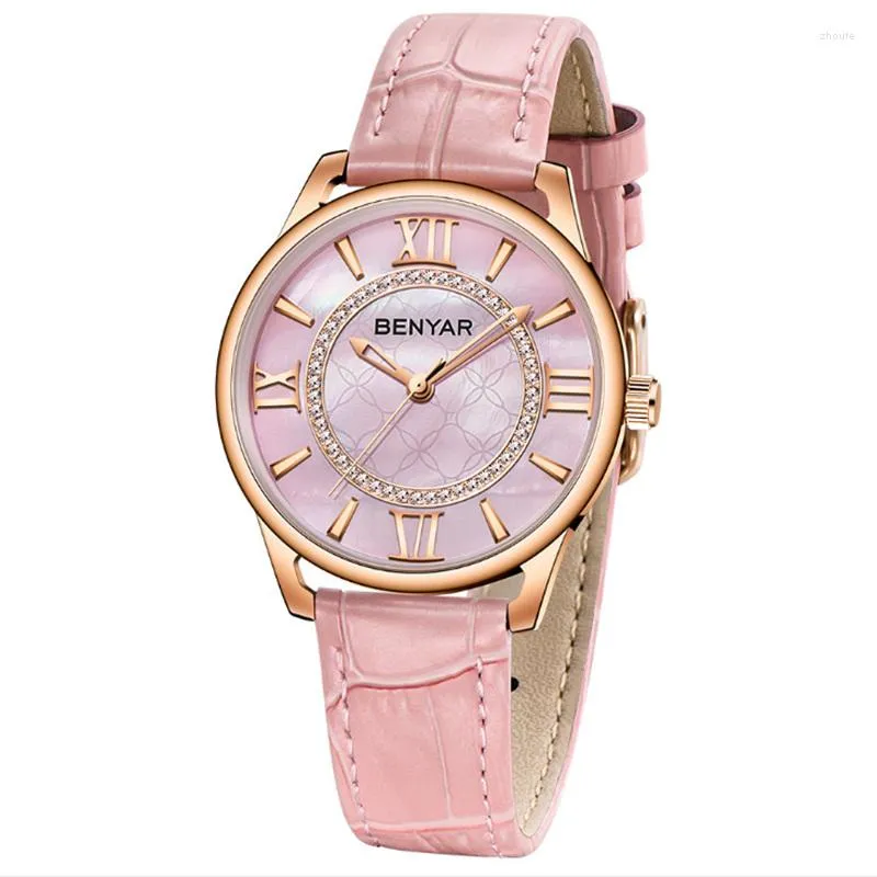 Orologi da polso Donna Quadrante rosa perla Orologio Movimento al quarzo Cinturino in pelle blu Fibbia da donna 3Bar Impermeabile Benyar A531