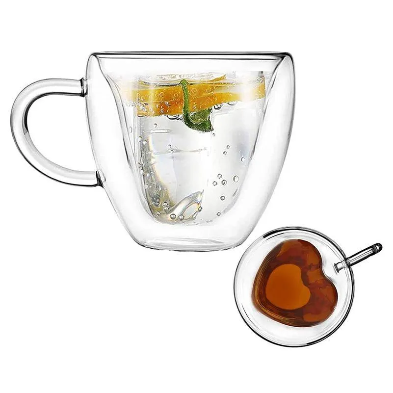 Tazze Bicchieri d'acqua in vetro trasparente Bicchiere Doppio Creativo Latte a forma di cuore Tazza da caffè Cucina domestica Strumento per bere Drop Delivery Hom Dh4Ky