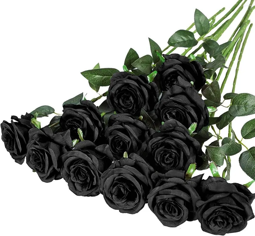 Flores decorativas 12pcs Rosas realistas de seda artificial Longa caule para a festa de decoração de casamento em casa (12pcs-Black)