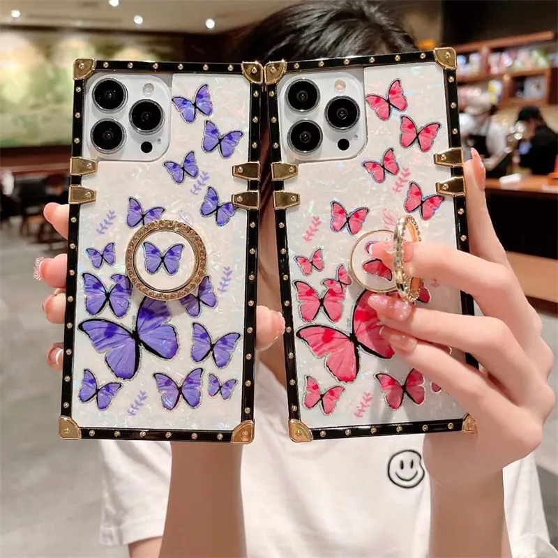 Luxury Bling Glitter Butterfly Golden phantom Flower Phone Case for iPhone 15 14 13 Pro Max 11 12 Pro Max XR X XS Ring stand metal Shockproof Square TPU Cover