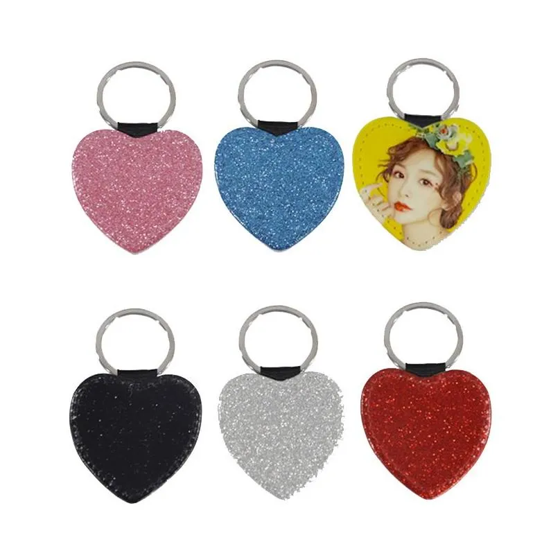 Keychains Lanyards Sublimation Blank Diy Keychain Pendant Creative Heart Shaped Leather Heat Transfer Lage Decoration Key Ring Dro Dh1Px