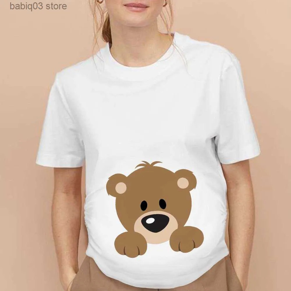Maternity Tops Tees Pocket Baby Cute Pregnancy Clothing White Short Sleeve T-Shirt Printed Maternity Clothes Pregnant Breastfeeding Top Cartoon Tees T230523
