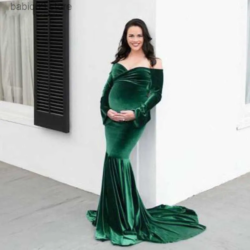 Sukienki macierzyńskie aksamitne sukienki macierzyńskie do sesji zdjęciowej eleganckie długie rękaw z ramion maxi syrena ciąża sukienka baby shower fotografia t230523