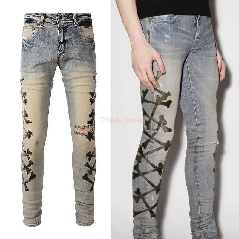 Tasarımcı Giyim Amires Kot Kot Pantolon 871 Yüksek Sokak Modası Marka Amies Mavi Kırık Çapraz Şerit Yama Elastik Eğilim İnce Düz Skinny Jeans Erkek Sıkıntısı