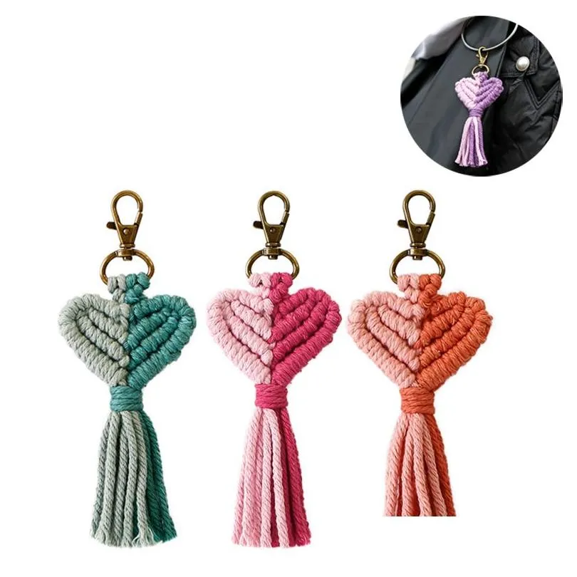 Keychains Lanyards Vintage Hand Woven Keychain Creative Heart Shaped Tassel Bag Decoration Pendant Key Chain Valentine Day Gift KE DHXTM