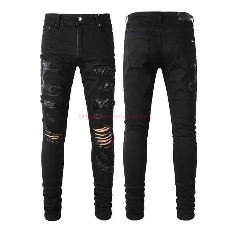 Designerkleidung Amires Jeans Denim Hosen Amies High Street Fashion Herren Broken Hole Schwarz Personalisierte bestickte Schlangenjeans Schlangenhaut Slim Fit Trendige Herrenhose