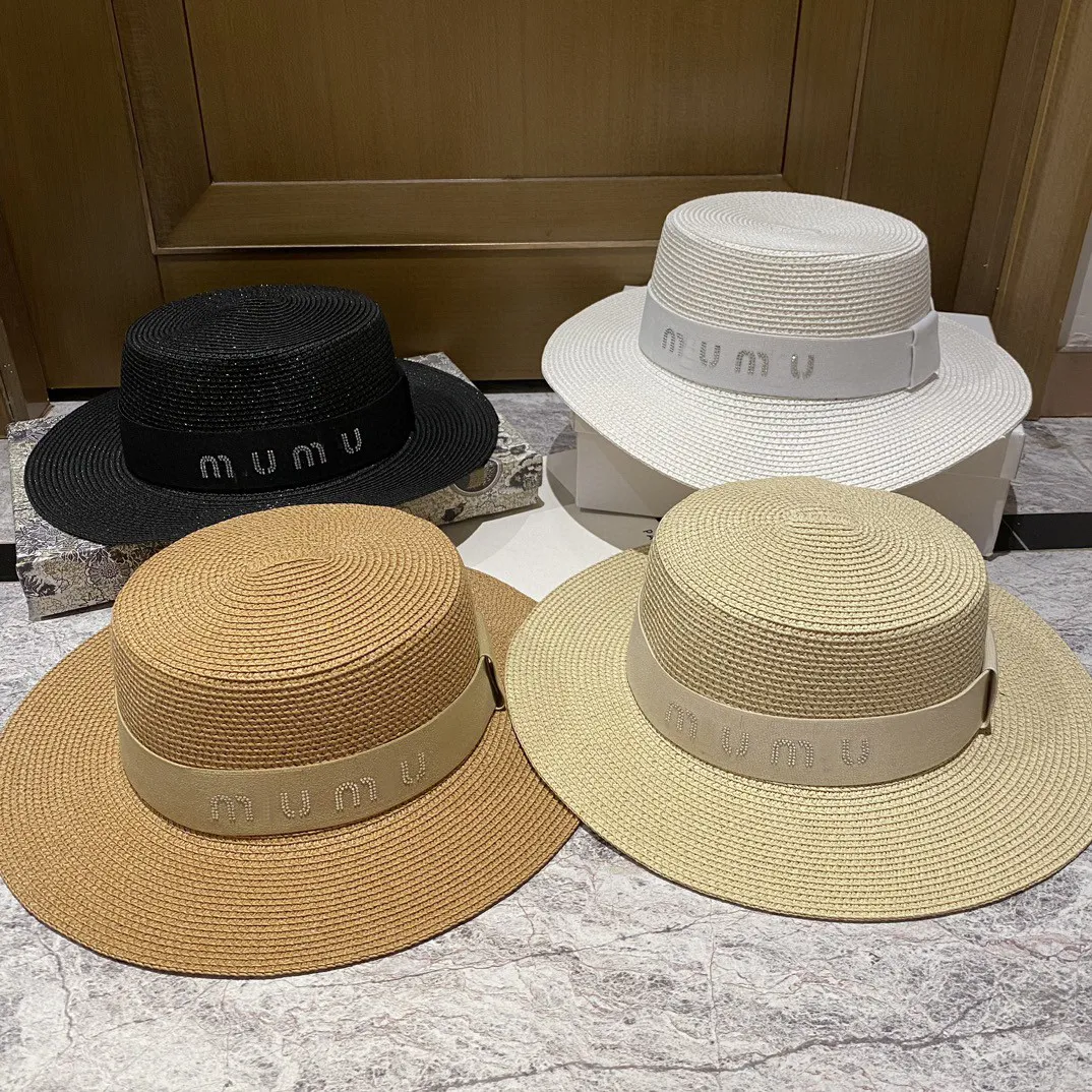 Miu Letter Straw Hat Dames Summer Vintage Designer Flat Top Hoedontwerper Beanie Cap Zon Sunscreen Beach Hoed Travel Fisherman Hat Tide