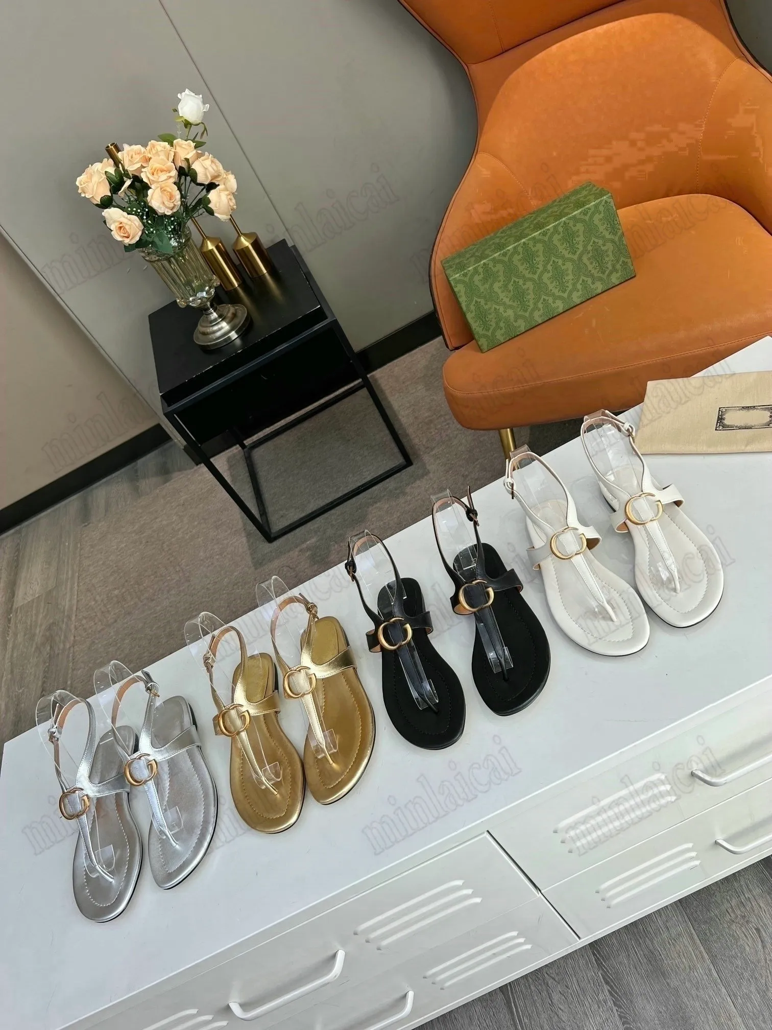 Leather thong sandal with double g deals