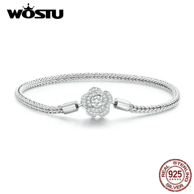 Bangle WOSTU 925 en argent Sterling de base Rose Bracelet bracelet chaîne de queue de renard avec fleur brillante charme bijoux fins pour les femmes cadeau noble