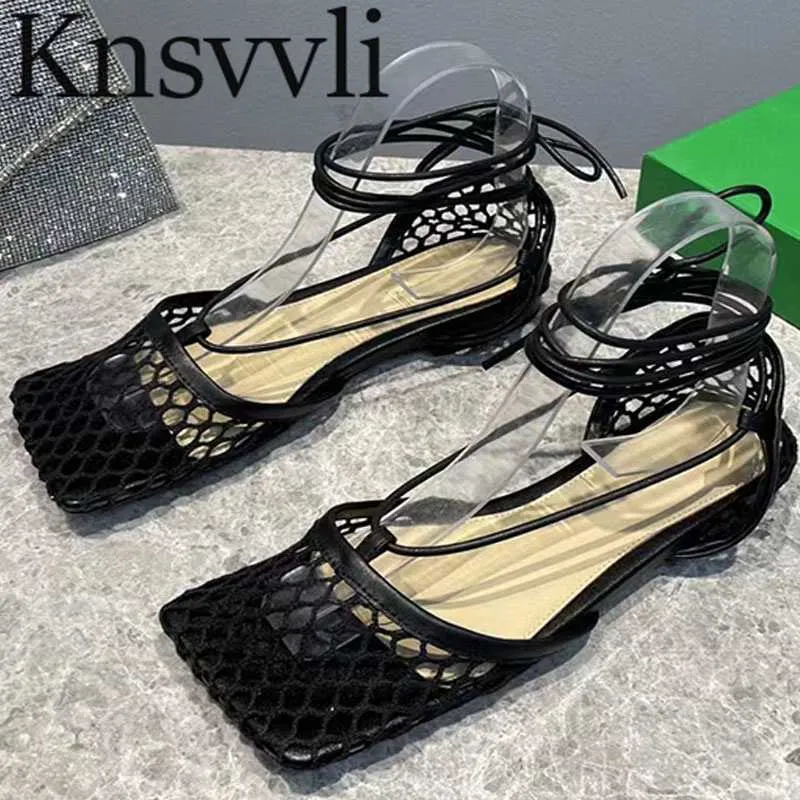 Sommarskor Kvinnor Square Toe Ankle Strap Mesh Hollow Outs Sandaler Women Square Toe Runway Flat Shoes Woman Zapatos de Mujer X230523