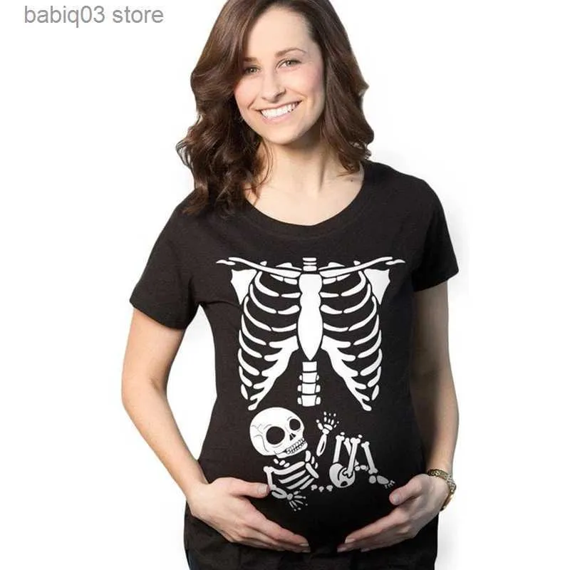 Moderskapstoppar tees graviditet rib bur skelett kostym halloween t-shirt rolig baby röntgen grafisk tee topp kvinnor moderskap gravid mamma liv tshirt t230523