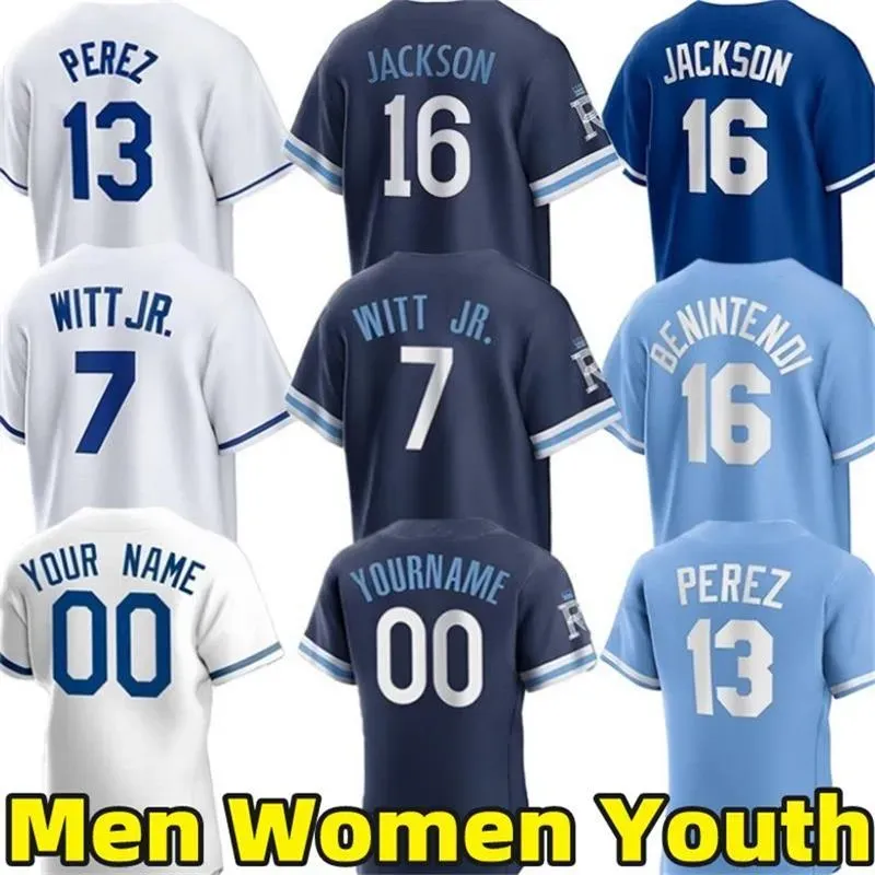 Maglie da baseball personalizzate 7 Bobby Witt Jr. Bo Jackson Salvador Perez Franmil Reyes Michael Massey Hunter Dozier Zack Greinke Vinnie Pasquantino Edward Olivares Jersey