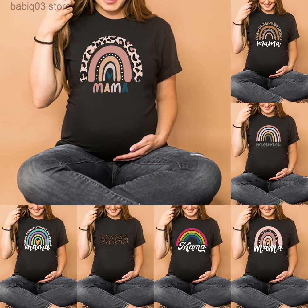 Topy macierzyńskie koszulki nordycka tęczowa mama drukowana ciężarna koszulka T-shirt z krótkim rękawem ciąża