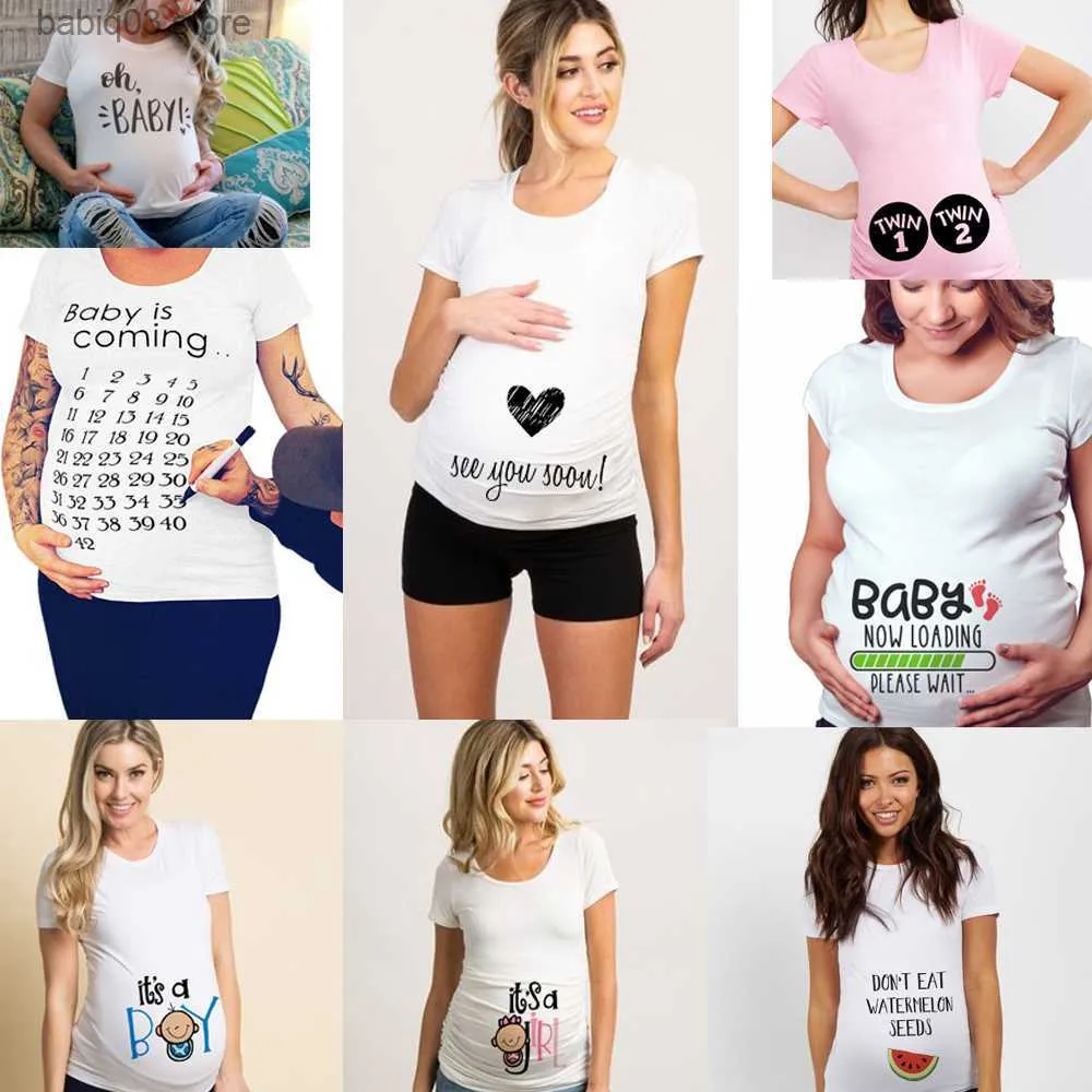 Moderskapstoppar tees se dig snart 2020 sommar tees kvinnor t-shirts smala moderskap roliga bokstavs tops o-hals graviditet t skjortor för gravida kvinnor t230523