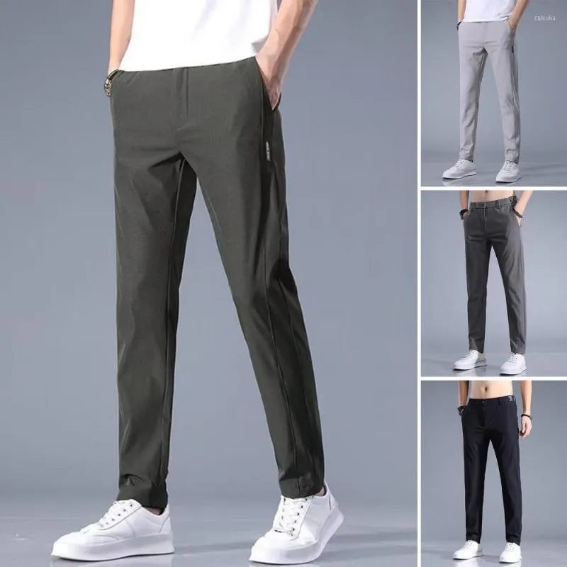 Men's Pants Men Summer Straight Elastic Waist Pockets Ankle Length Commute Slim Fit Ice Silk Trousers Male Clothes